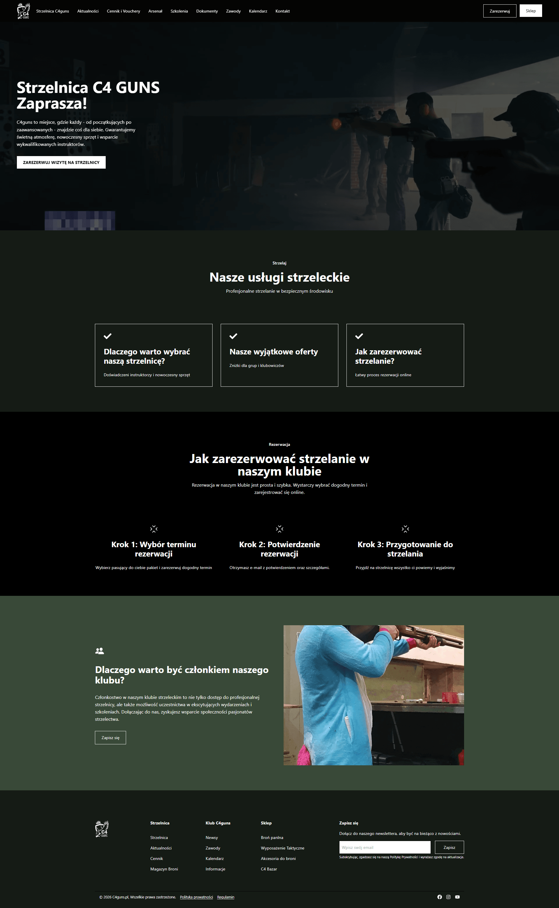 Ciemny interfejs strony z systemem rezerwacji i kalendarzem klubu strzeleckiego
